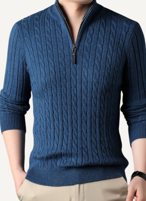 Pull Homme Col Camionneur Torsadé Bleu Denim