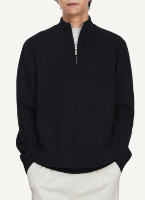 Pull Homme Col Camionneur à Maille Zigzag Noir