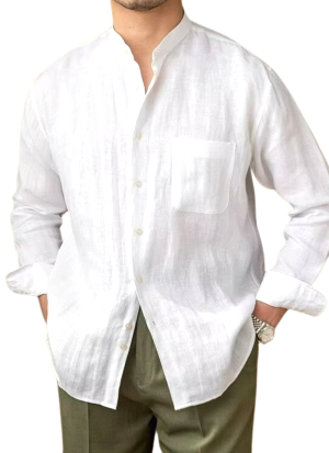 Chemise Col Mao Chic Lin Blanc Homme 3