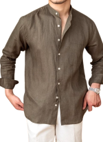 Chemise Col Mao Chic Lin Kaki Homme 3 Chemise Col Mao Chic Lin Kaki Homme 3