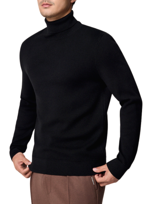 Pull Col Roule Laine Doux Noir Homme