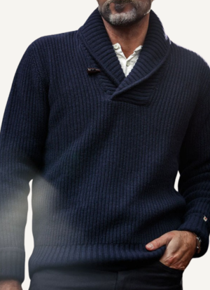 Pull Col Châle Côtelé Bleu Marine Zaphyr