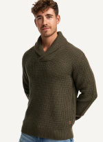 Pull Col Châle Gaufré Vert Kaki 1