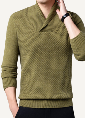 Pull Col Châle Moderne Texturé Vert Olive